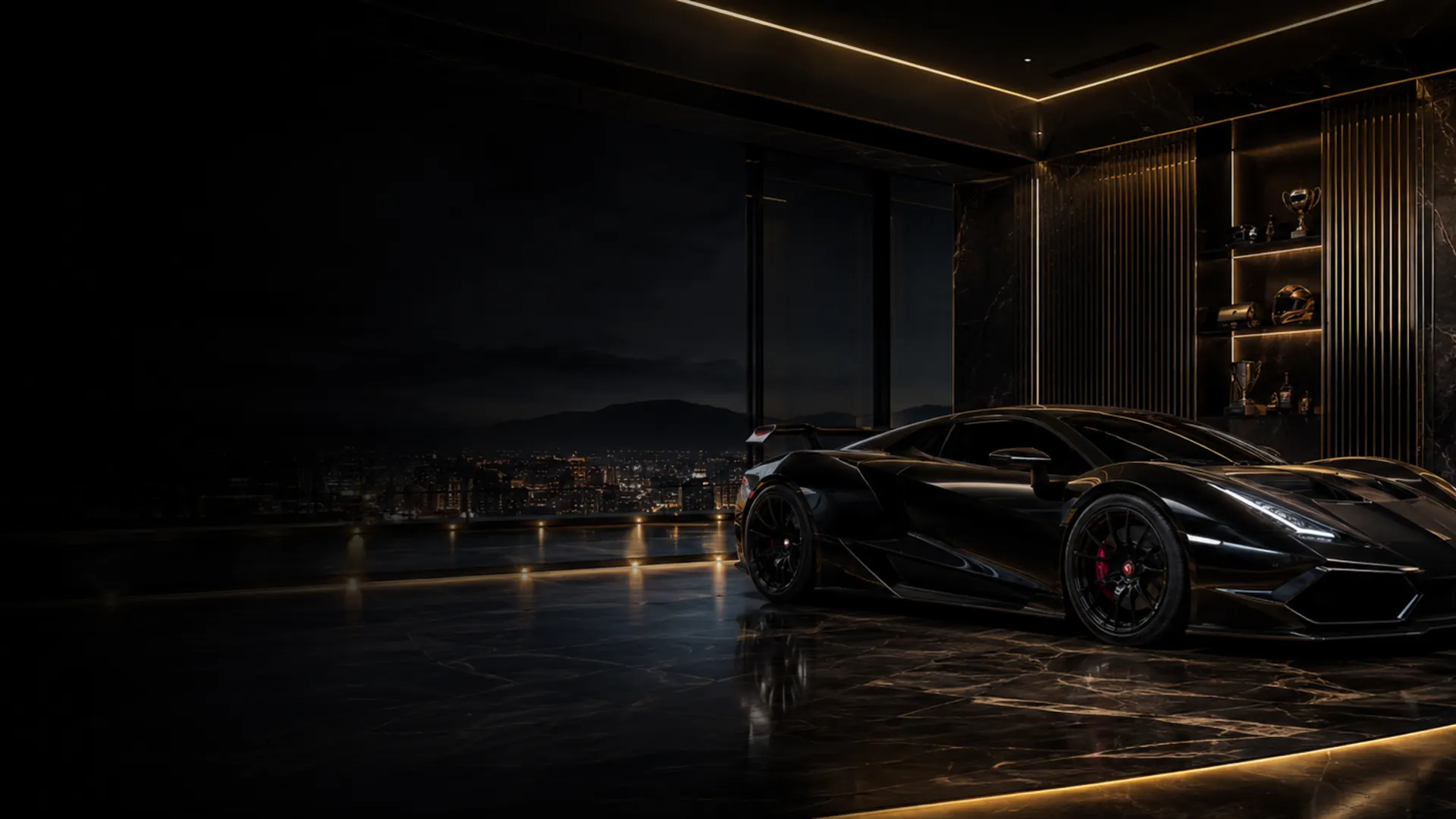 Directional PSR automotive showroom study with a vehicle at night