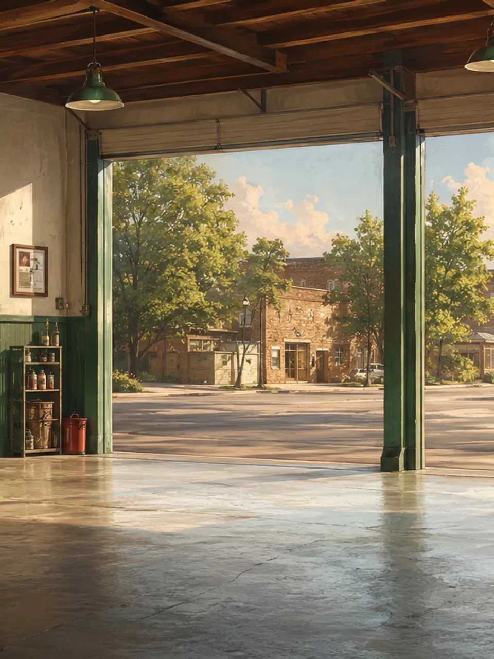 Directional sunlit service-garage study for the mobile PSR World hero