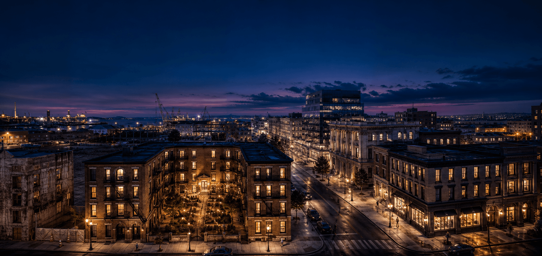 Meridian’s neighborhoods and harbor at dusk