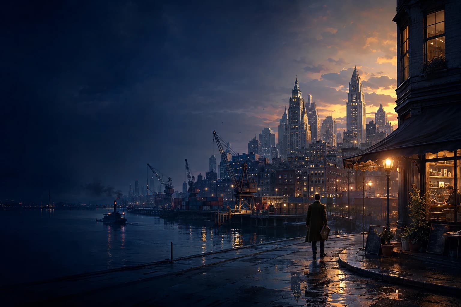 A founder outside a small café on Meridian’s waterfront, with the port and financial district beyond