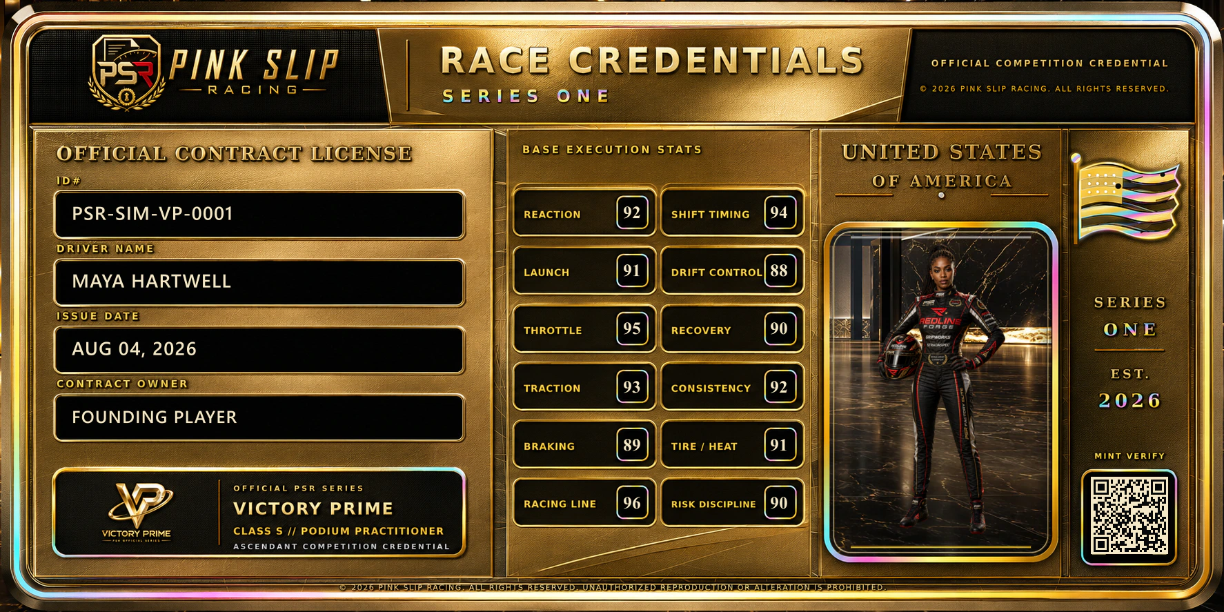 Simulated owned Ascendant PSR driver credential with full text, stats, driver, background and mint verification QR